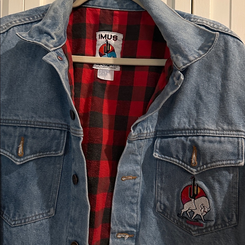 Vintage patriotic flag denim Jean jacket "Imus Auto Body Express"  1990s
